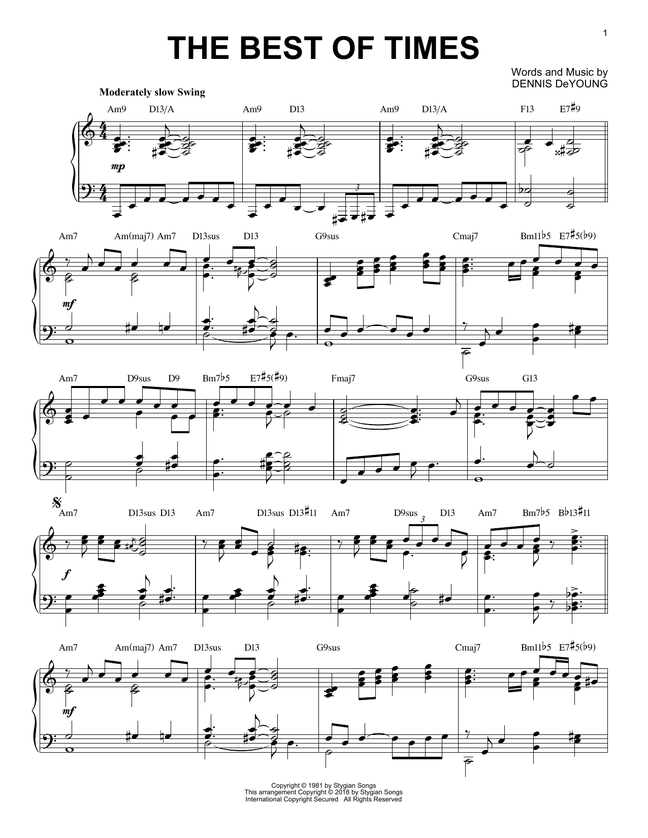 Download Styx The Best Of Times [Jazz version] Sheet Music