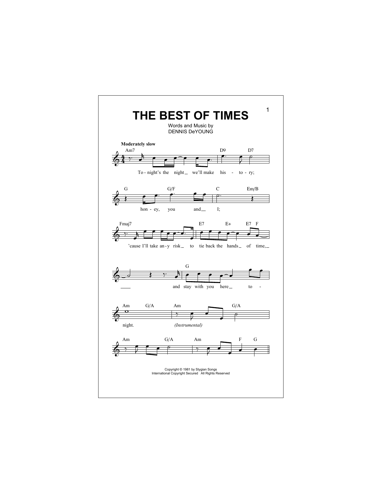 Download Styx The Best Of Times Sheet Music