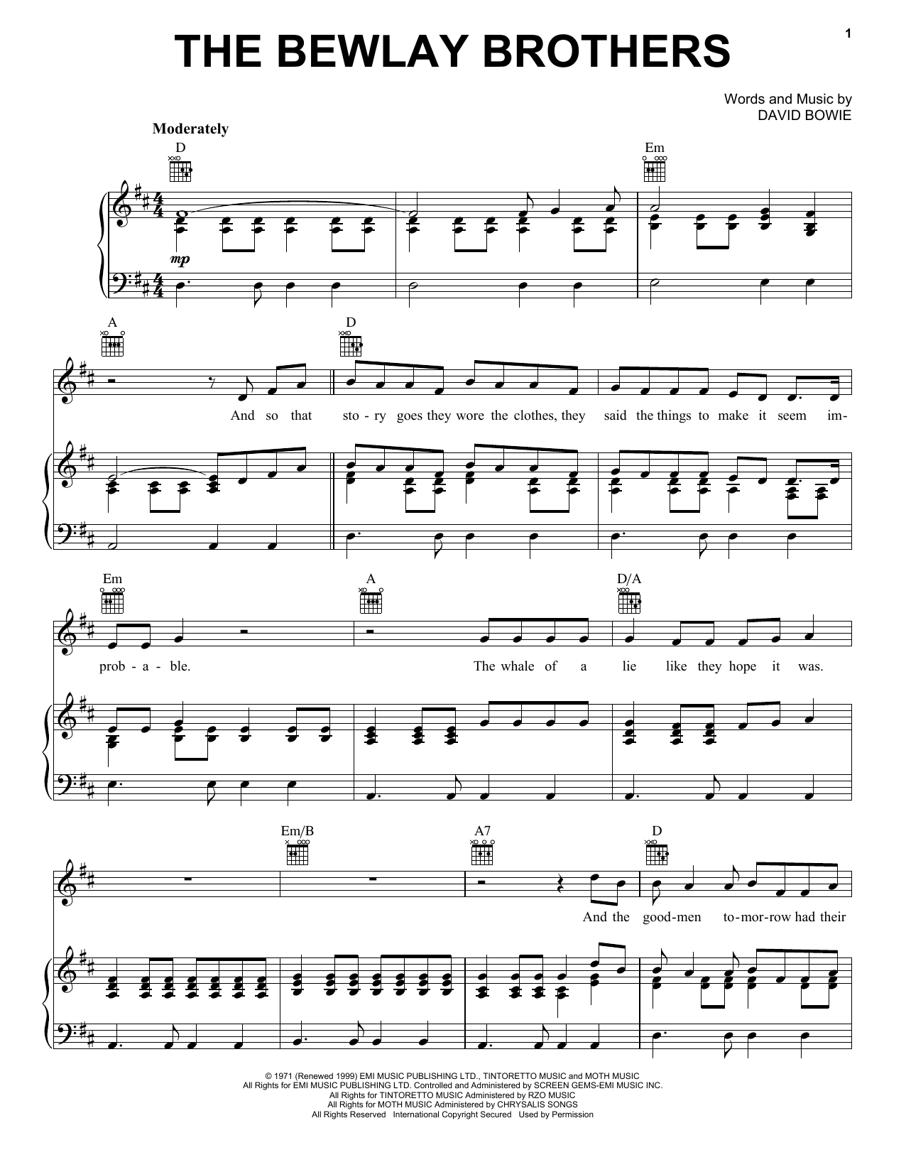 Download David Bowie The Bewlay Brothers Sheet Music