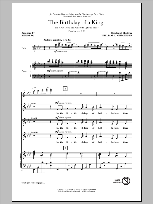 Download William H. Neidlinger The Birthday Of A King (arr. Ken Berg) Sheet Music