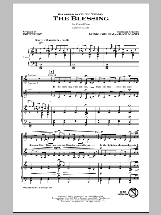 Download Celtic Woman The Blessing (arr. John Purifoy) Sheet Music