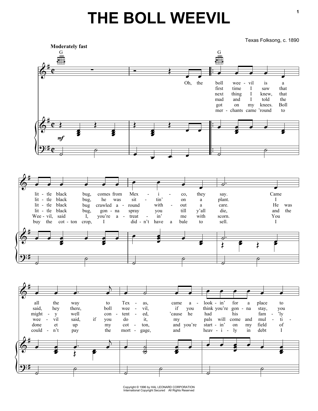 Download Texas Folksong The Boll Weevil Sheet Music