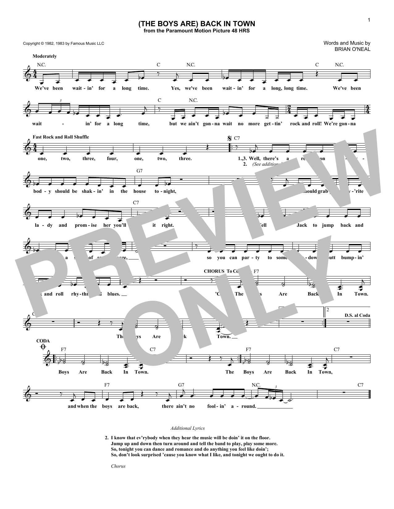Download Brian O'Neal (The Boys Are) Back In Town Sheet Music