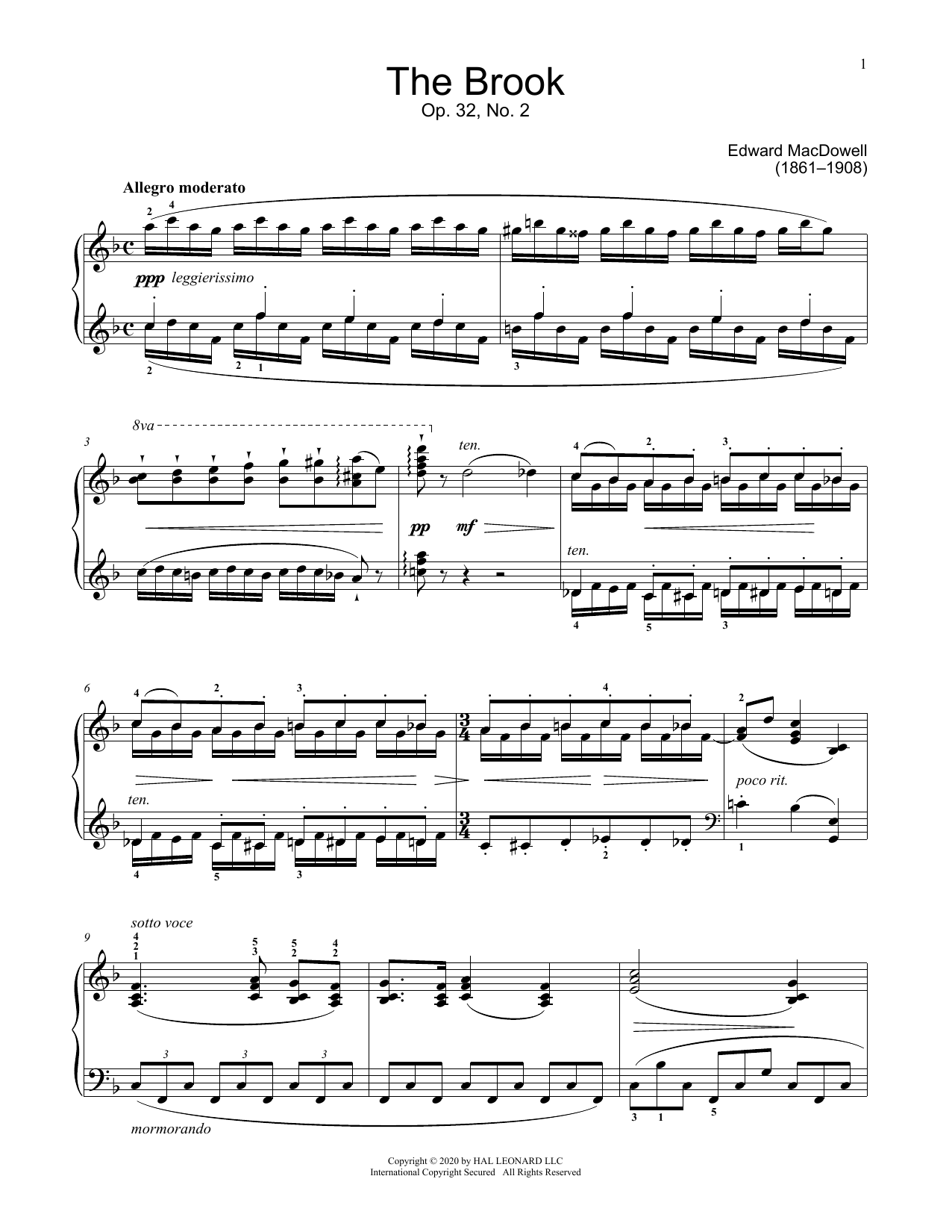 Download Edward MacDowell The Brook, Op. 32, No. 2 Sheet Music
