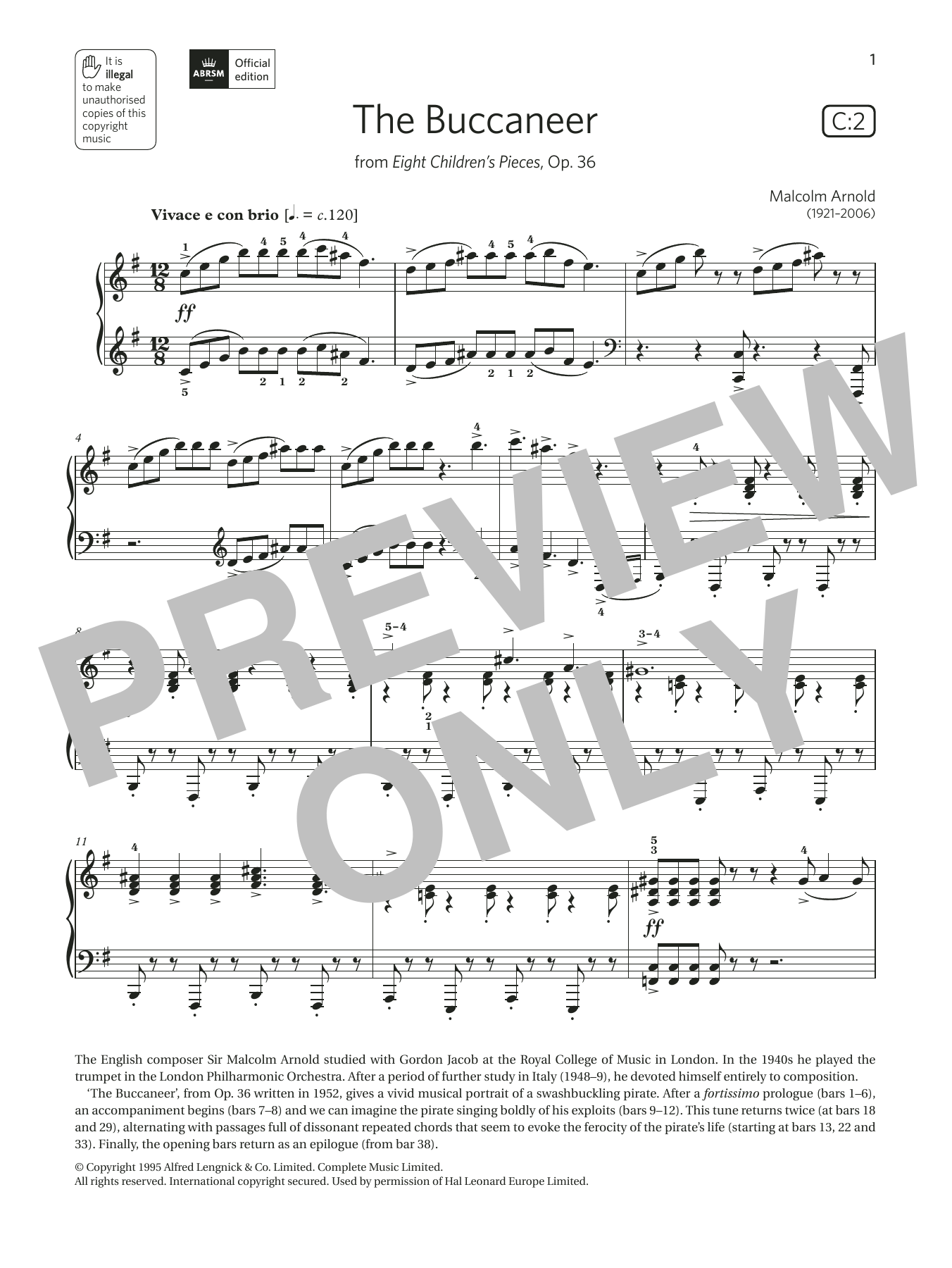 Download Malcolm Arnold The Buccaneer (Grade 6, list C2, from t Sheet Music