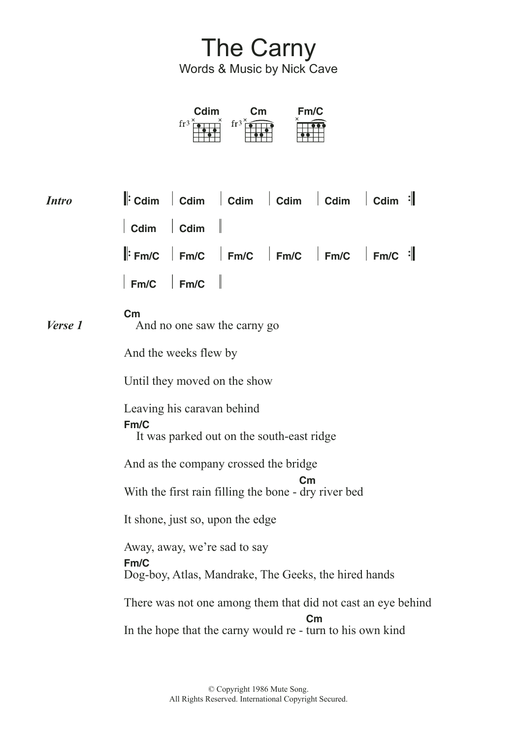 Download Nick Cave The Carny Sheet Music