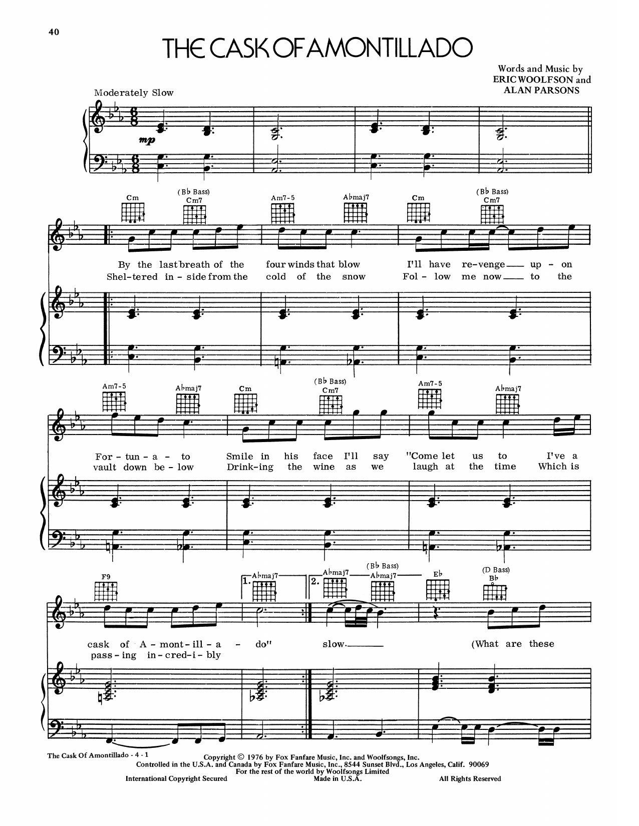 Download Alan Parsons Project The Cask Of Amontillado Sheet Music