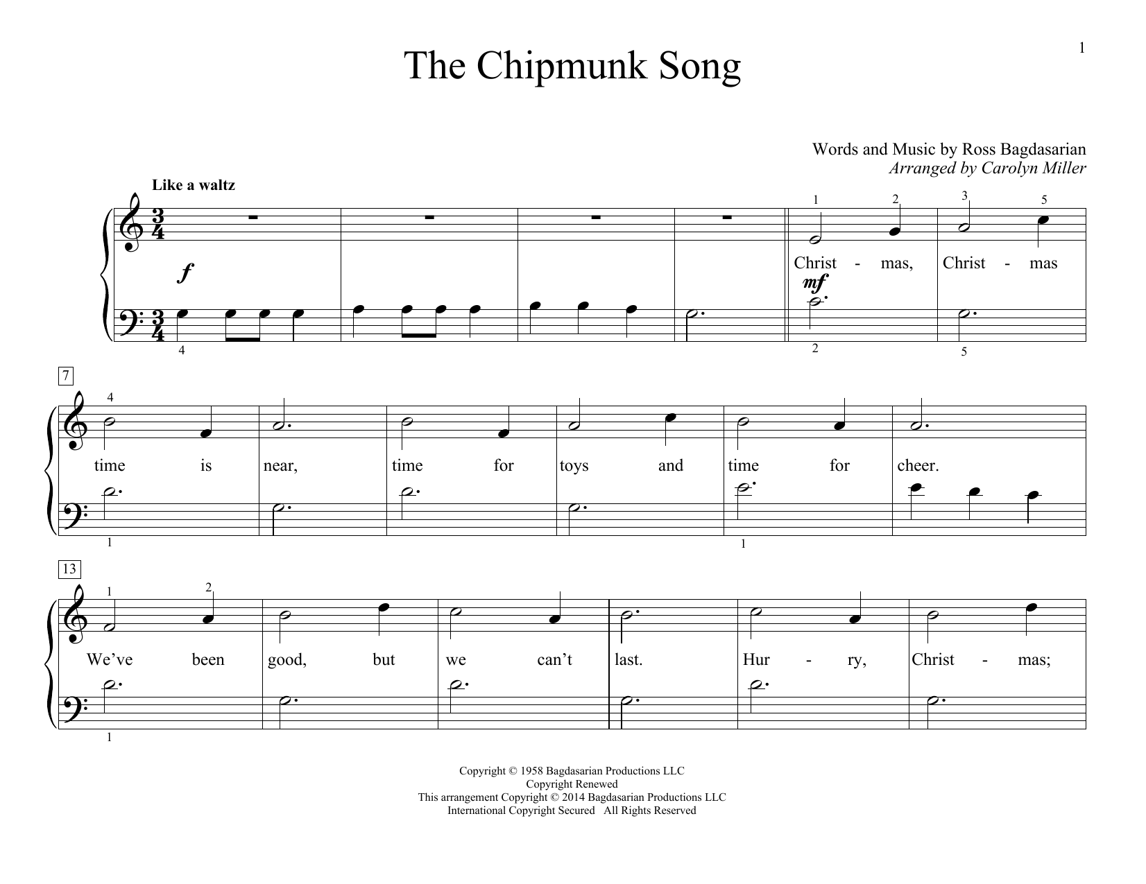 Download Carolyn Miller The Chipmunk Song Sheet Music