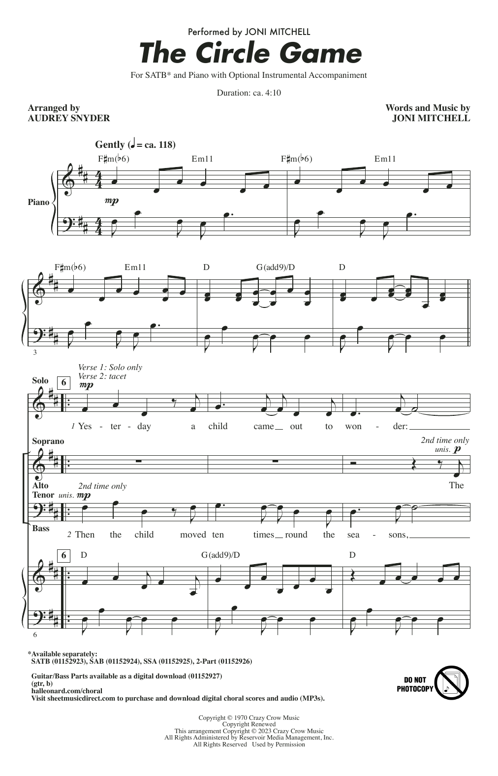Joni Mitchell The Circle Game (arr. Audrey Snyder) sheet music notes printable PDF score