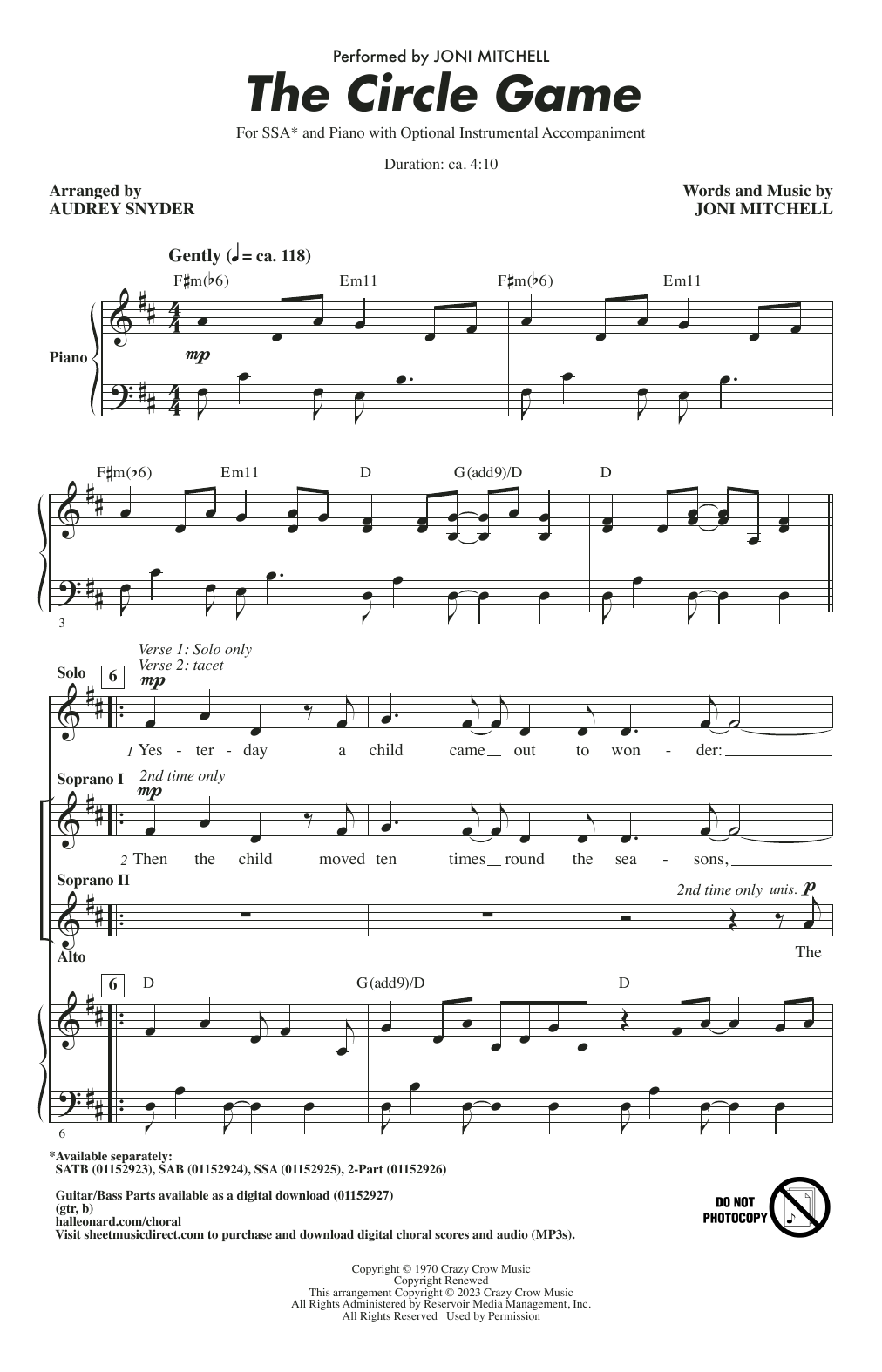 Joni Mitchell The Circle Game (arr. Audrey Snyder) sheet music notes printable PDF score