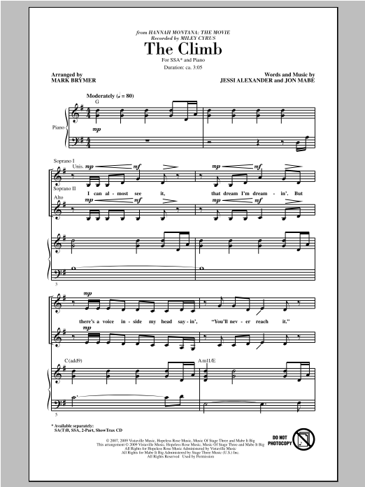 Download Miley Cyrus The Climb (arr. Mark Brymer) Sheet Music