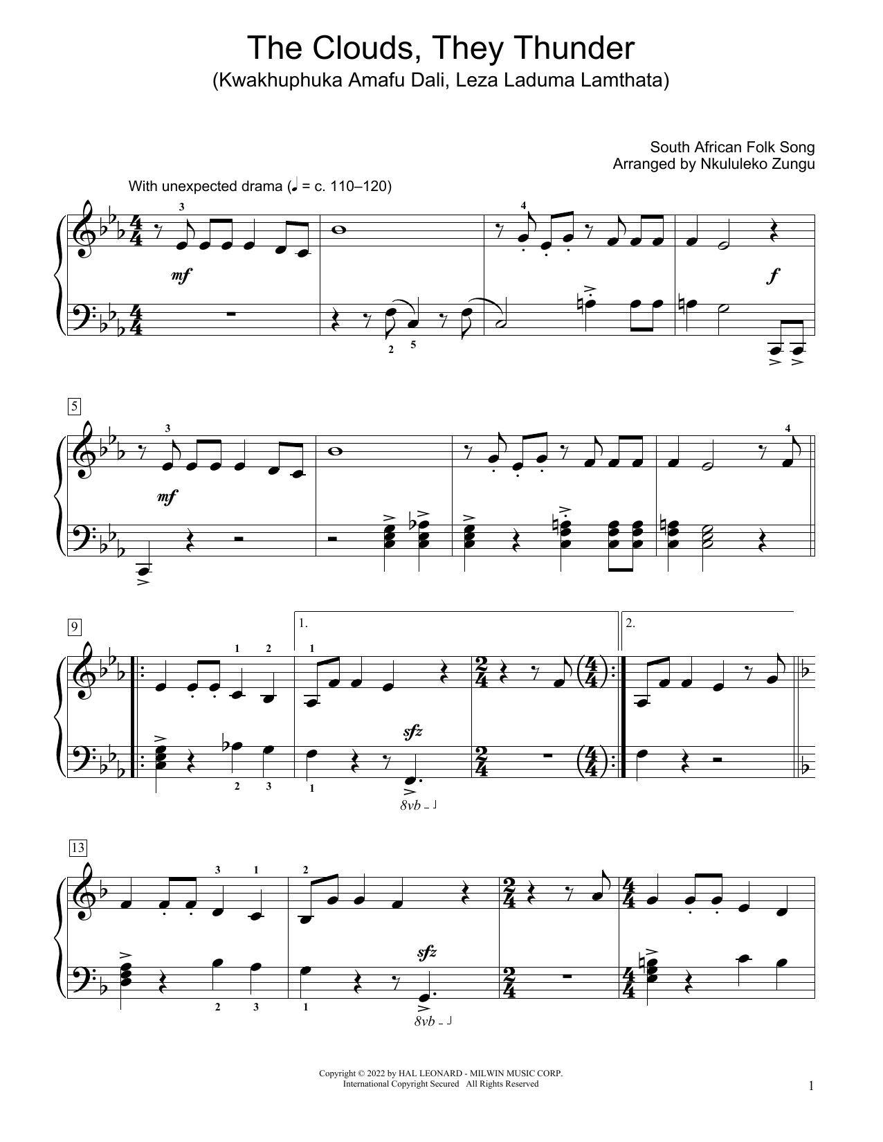 Download South African folk song The Clouds, They Thunder (Kwakhuphuka A Sheet Music
