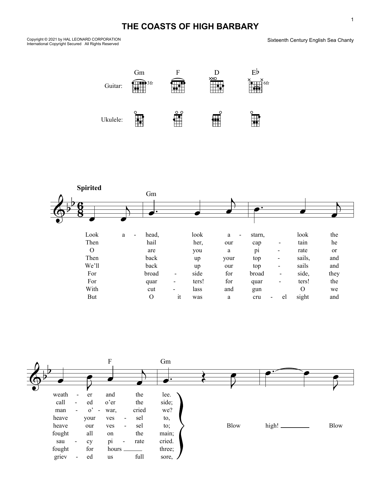 Download 16th Century Sea Chanty The Coasts Of High Barbary Sheet Music