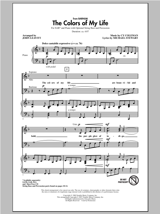 Download Cy Coleman The Colors Of My Life (arr. John Leavit Sheet Music