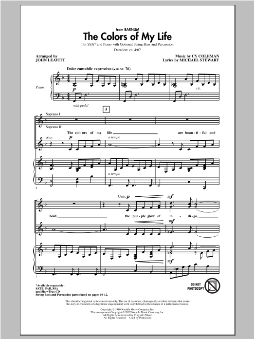 Download Cy Coleman The Colors Of My Life (arr. John Leavit Sheet Music