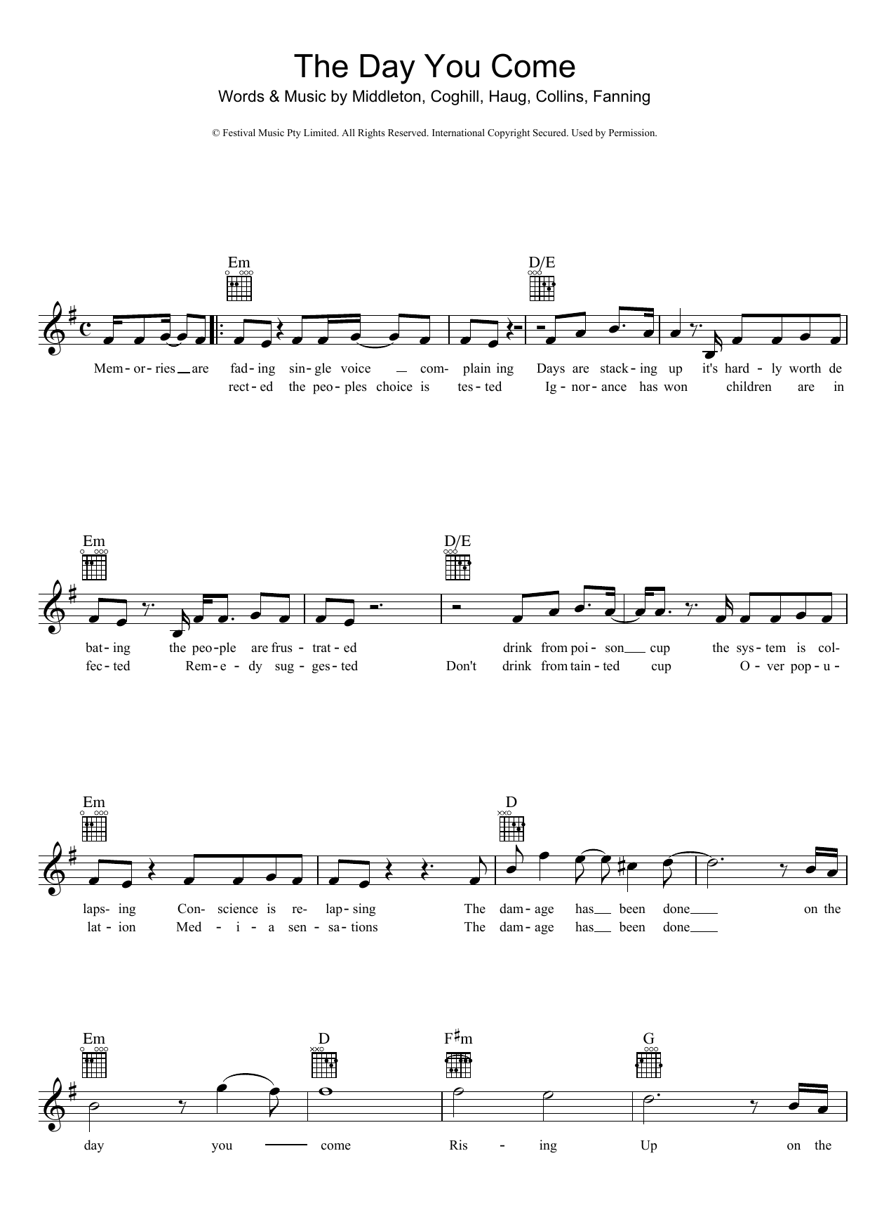 Download Powderfinger The Day You Come Sheet Music