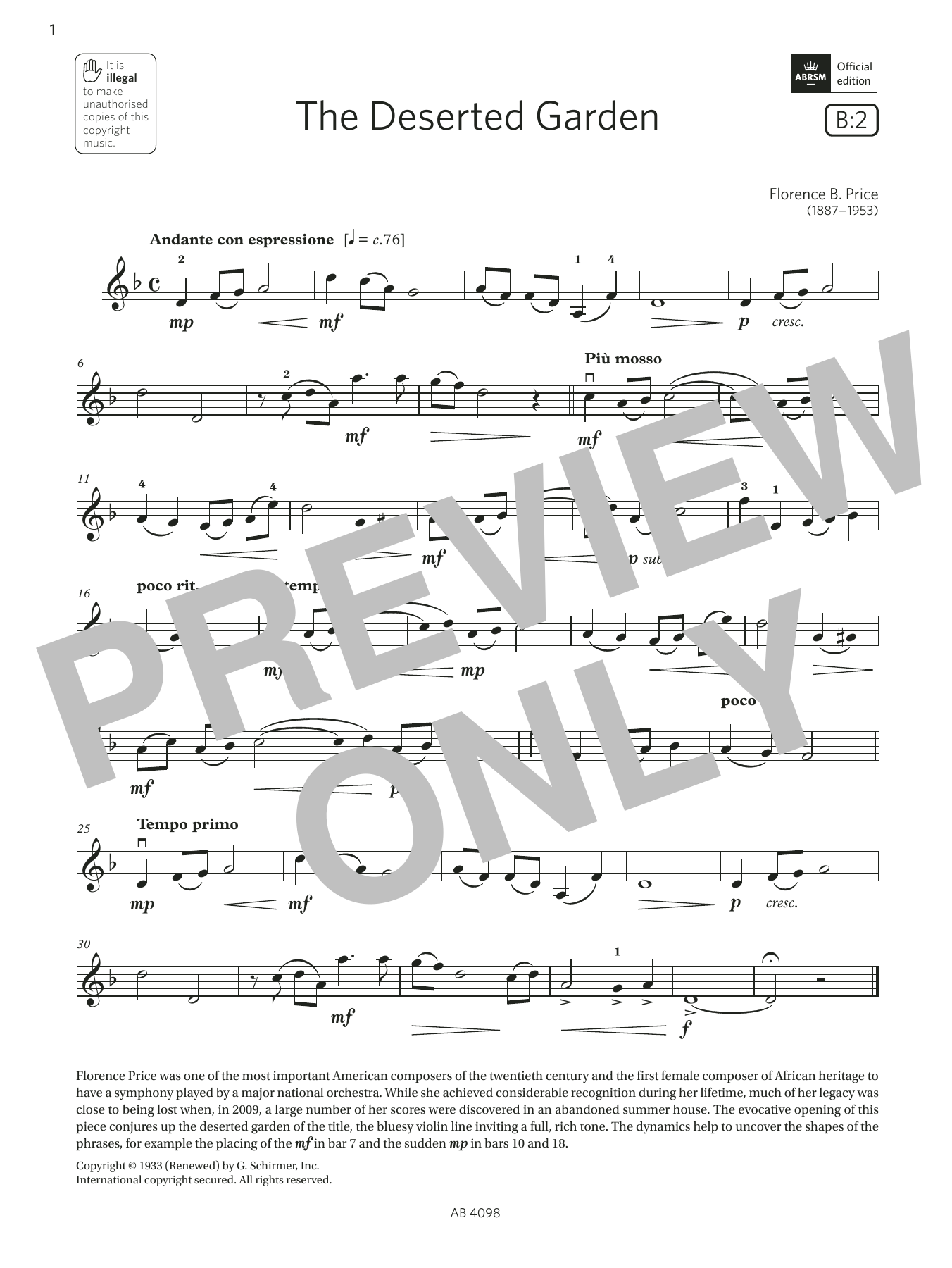 Download Florence B. Price The Deserted Garden (Grade 4, B2, from Sheet Music