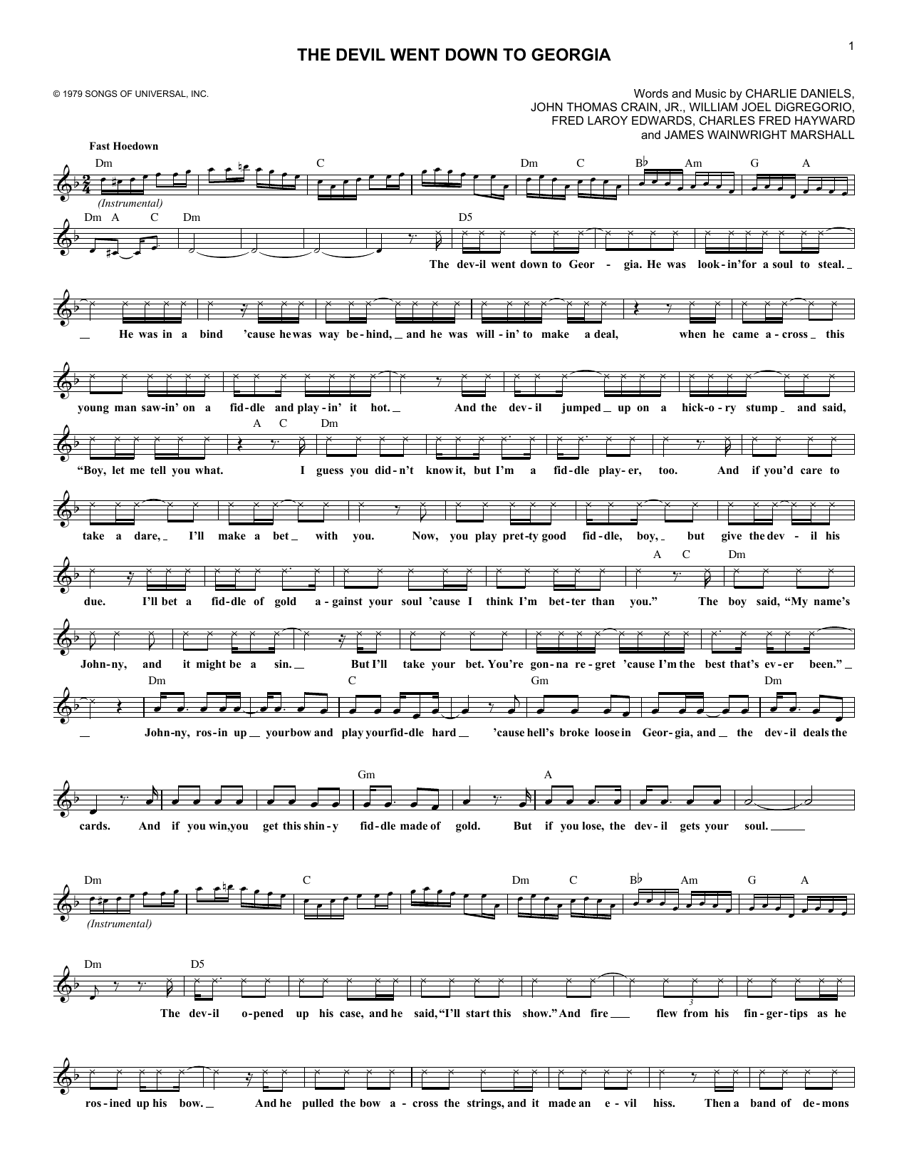 Download Charlie Daniels Band The Devil Went Down To Georgia Sheet Music