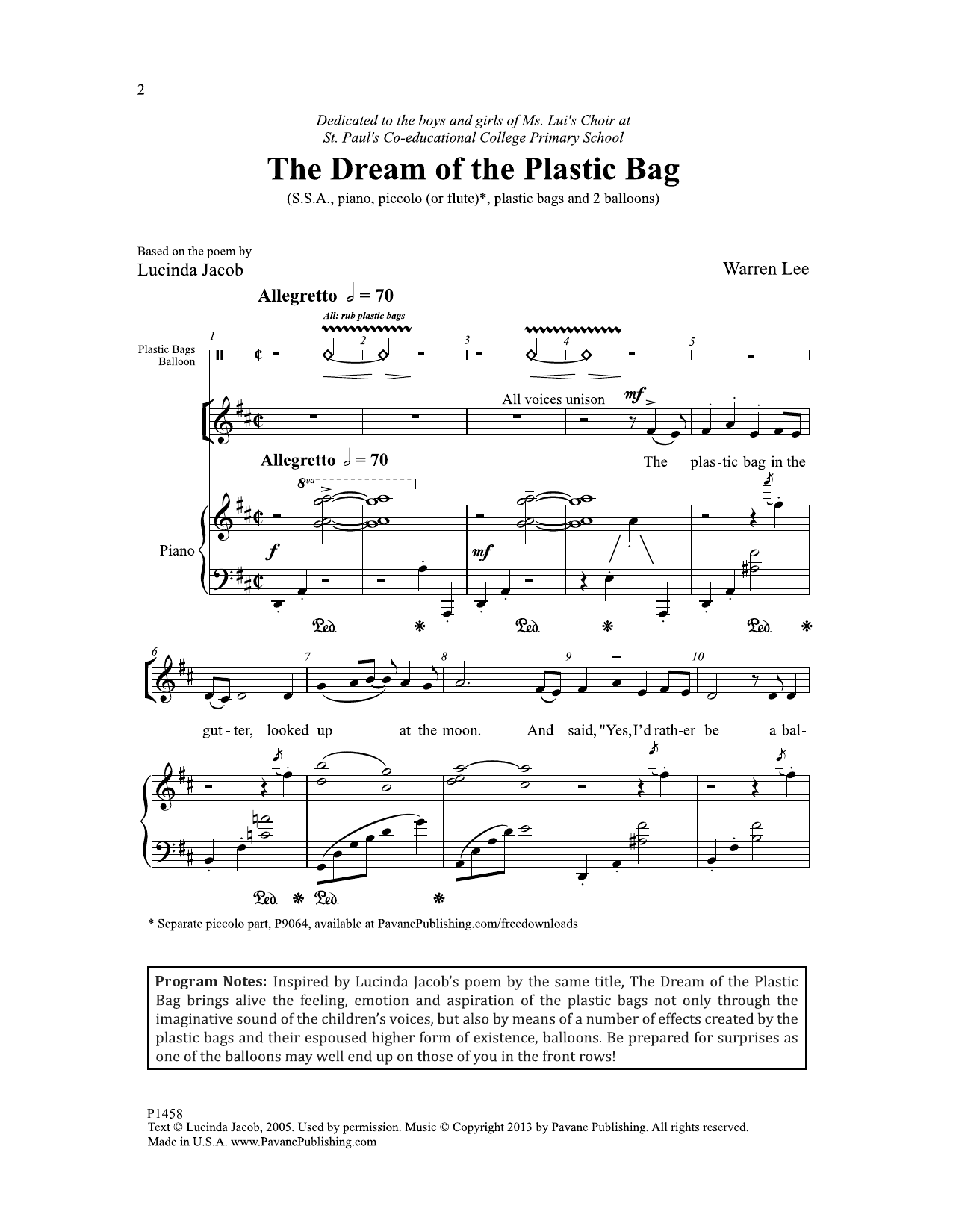 Download Lucinda Jacob The Dream of the Plastic Bag Sheet Music