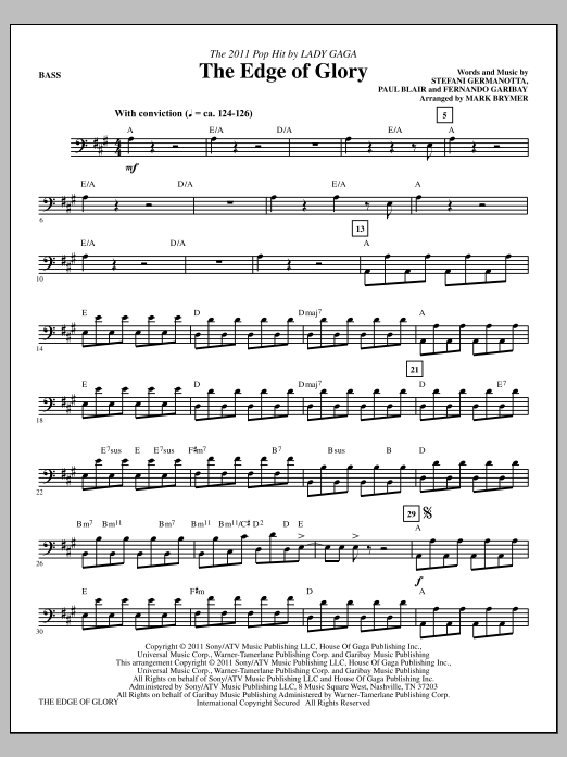 Download Mark Brymer The Edge Of Glory - Bass Sheet Music