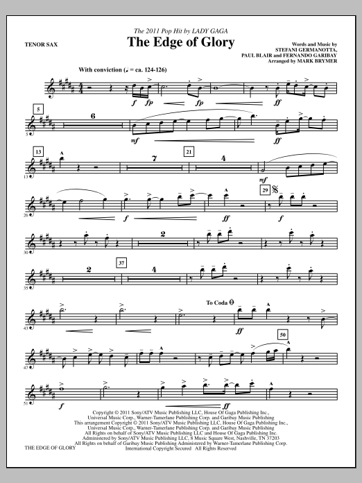 Download Mark Brymer The Edge Of Glory - Tenor Saxophone Sheet Music