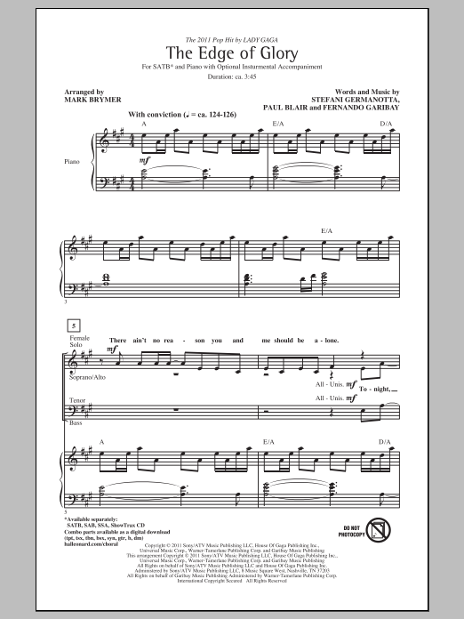 Download Lady Gaga The Edge Of Glory (arr. Mark Brymer) Sheet Music