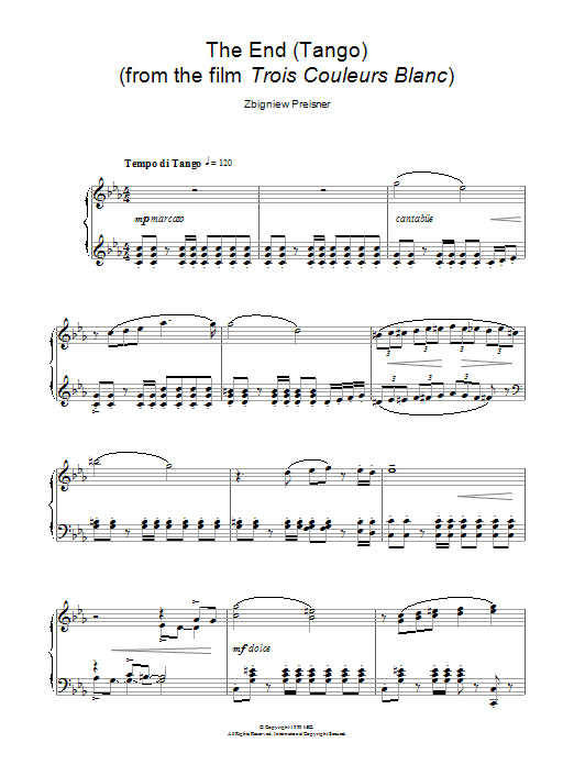 Download Zbigniew Preisner The End (Tango) (from the film Trois Co Sheet Music