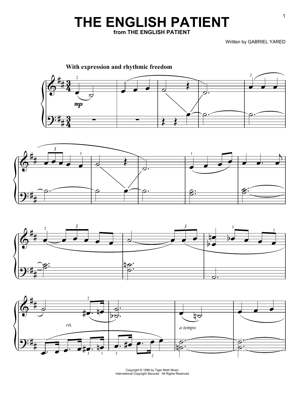 Download Gabriel Yared The English Patient Sheet Music