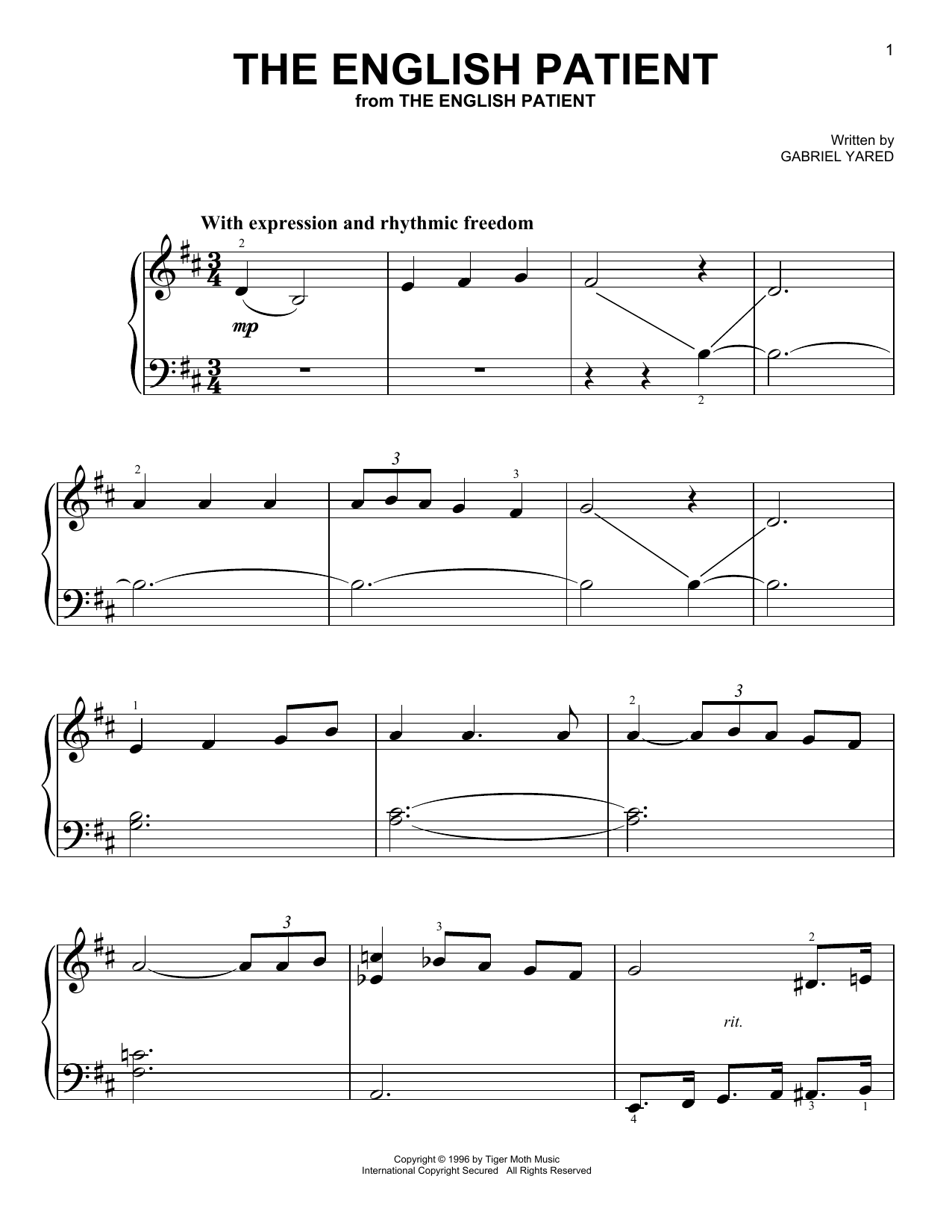 Download Gabriel Yared The English Patient Sheet Music