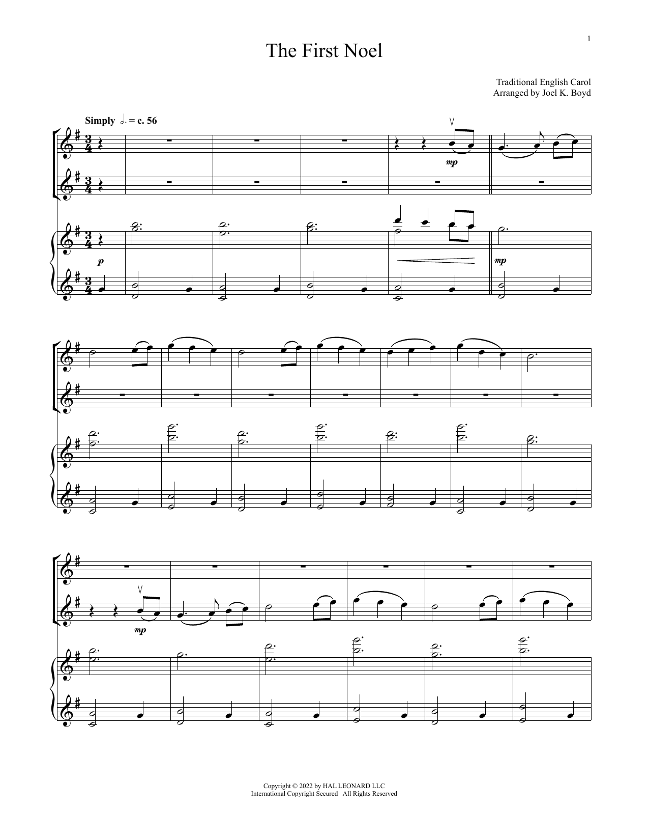 Download 17th Century English Carol The First Noel (for Violin Duet and Pia Sheet Music