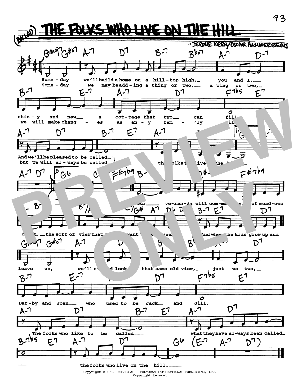 Jerome Kern The Folks Who Live On The Hill (Low Voice) sheet music notes printable PDF score