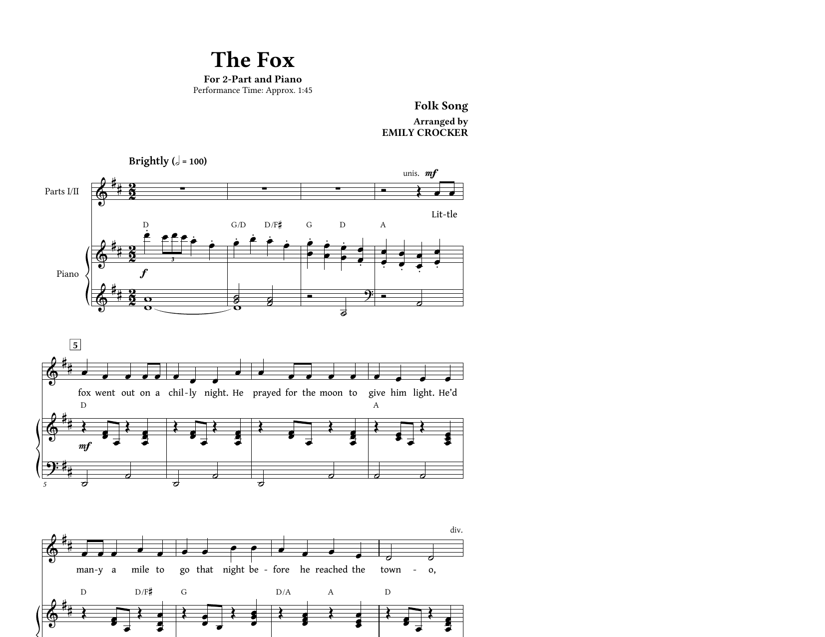 Download Emily Crocker The Fox (Folk Song) Sheet Music