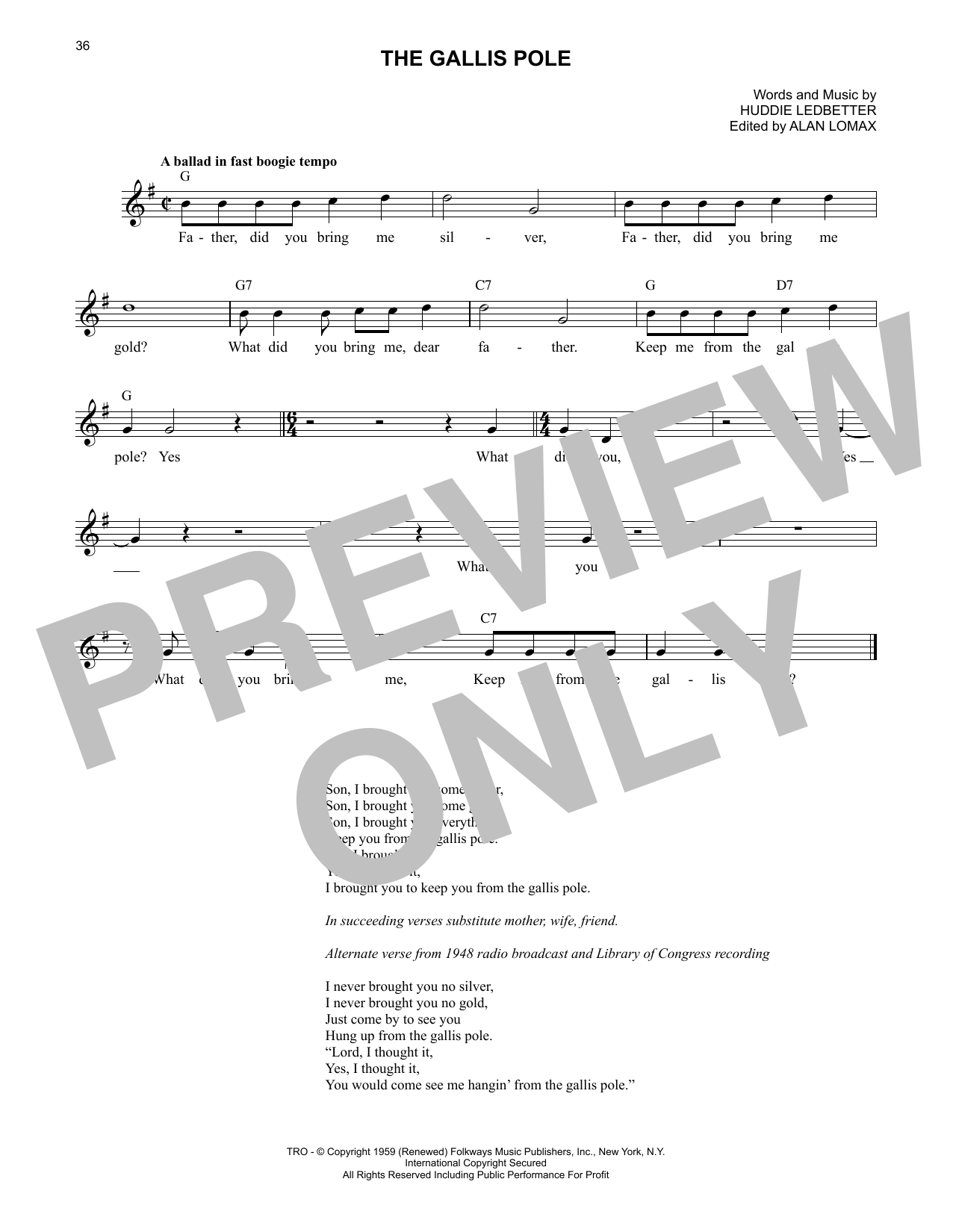 Lead Belly The Gallis Pole sheet music notes printable PDF score