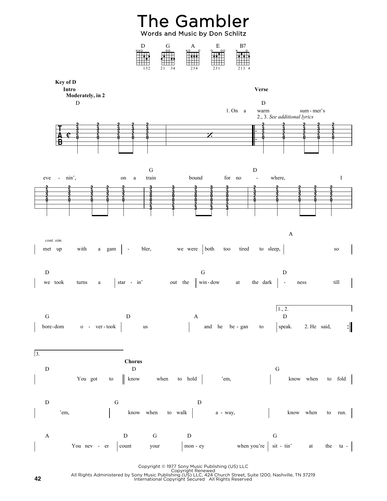 Kenny Rogers The Gambler sheet music notes printable PDF score