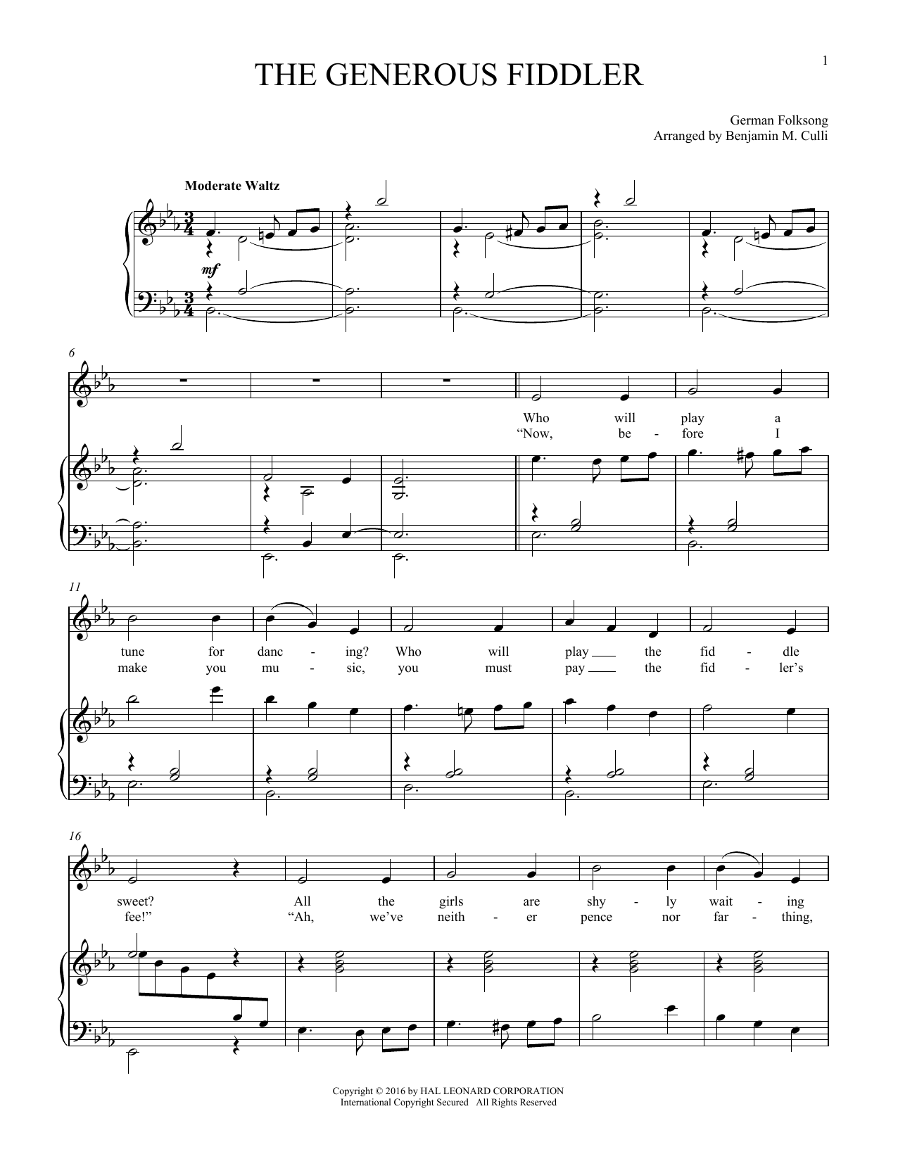 Download German Folk Song The Generous Fiddler Sheet Music