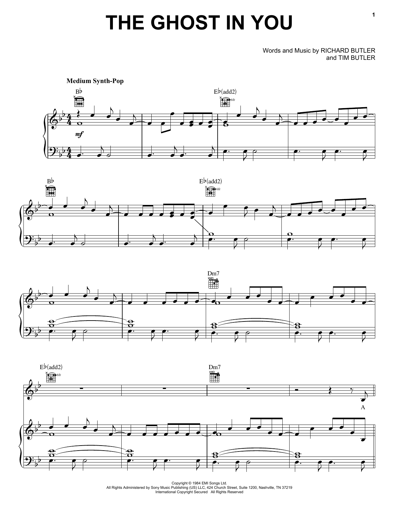 Download Psychedelic Furs The Ghost In You Sheet Music