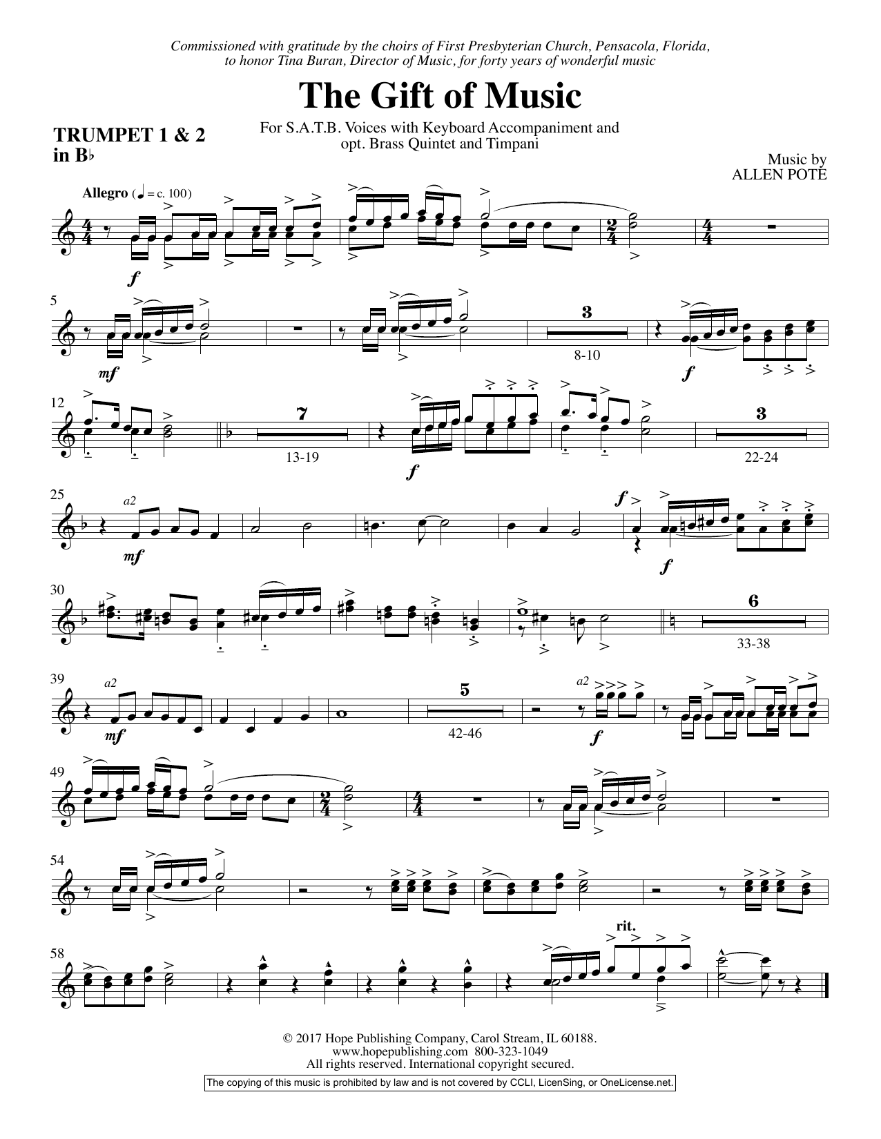 Download Allen Pote The Gift Of Music - Bb Trumpet 1 & 2 Sheet Music