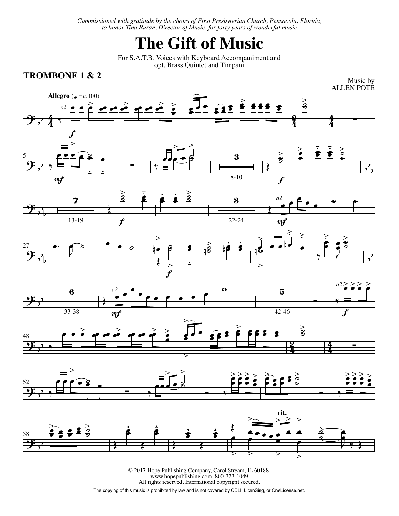 Download Allen Pote The Gift Of Music - Trombone 1 & 2 Sheet Music