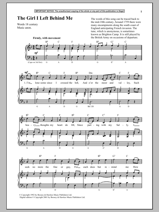 Download Anonymous The Girl I Left Behind Me Sheet Music
