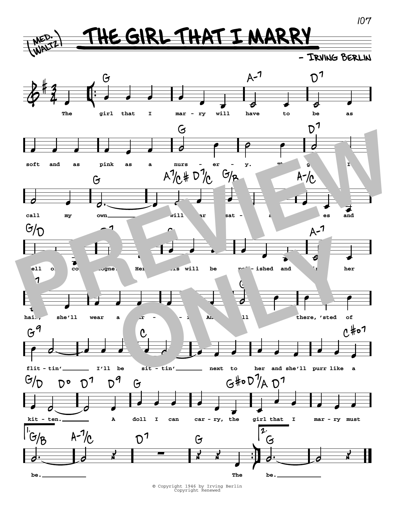 Irving Berlin The Girl That I Marry (Low Voice) sheet music notes printable PDF score