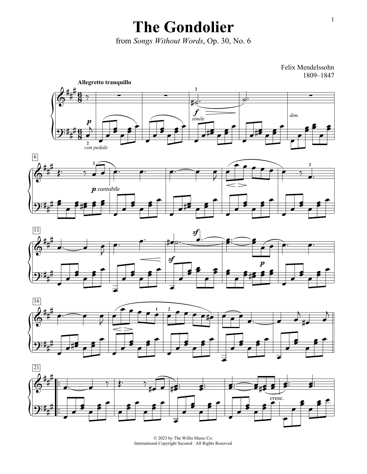 Felix Mendelssohn The Gondolier sheet music notes printable PDF score