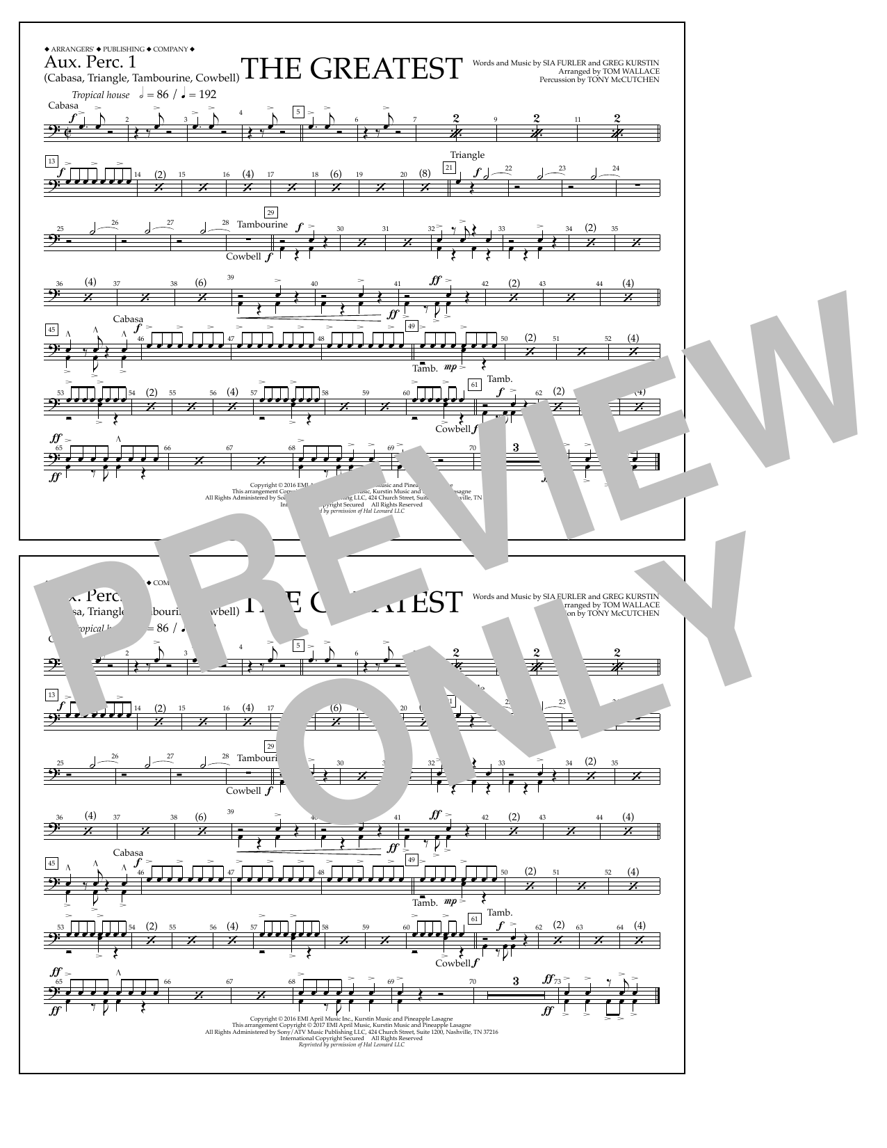 Download Tom Wallace The Greatest - Aux. Perc. 1 Sheet Music