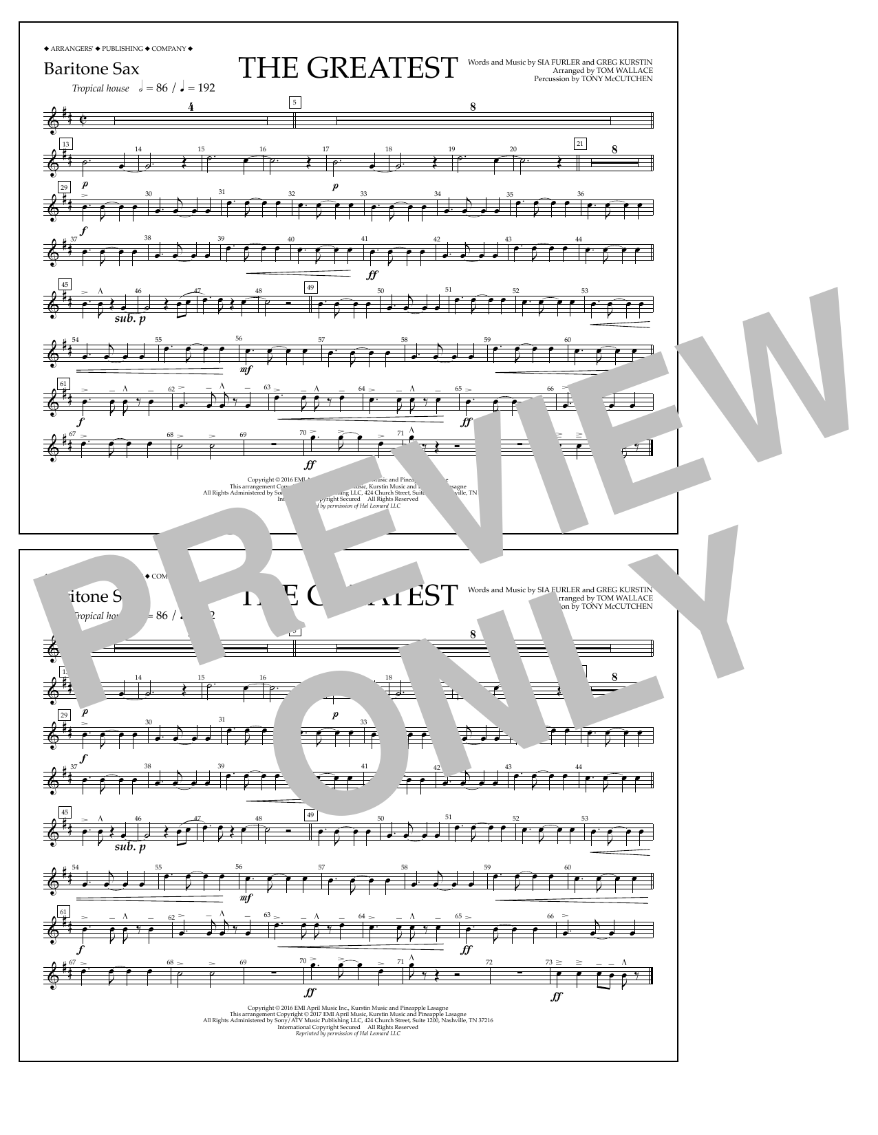 Download Tom Wallace The Greatest - Baritone Sax Sheet Music