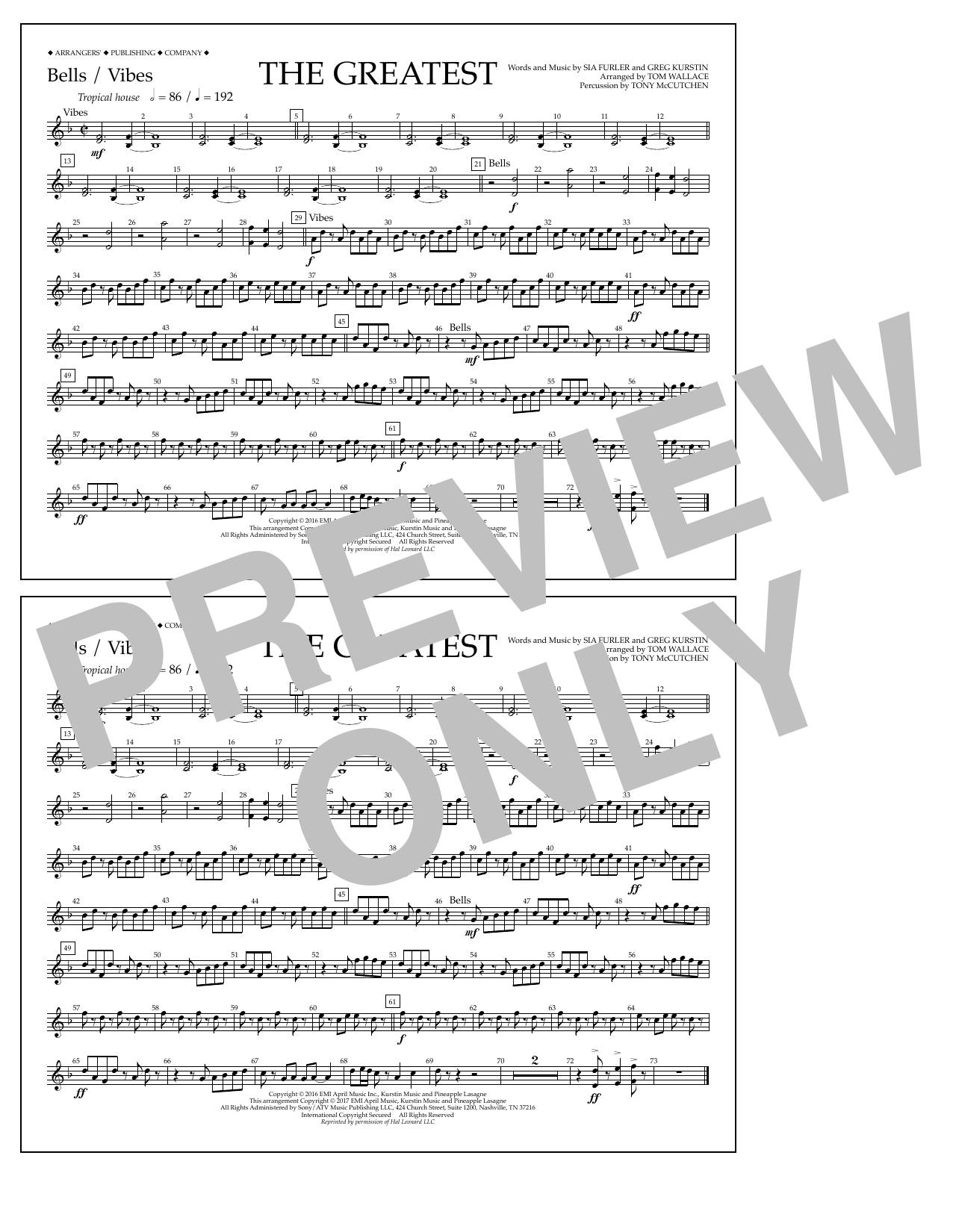 Download Tom Wallace The Greatest - Bells/Vibes Sheet Music