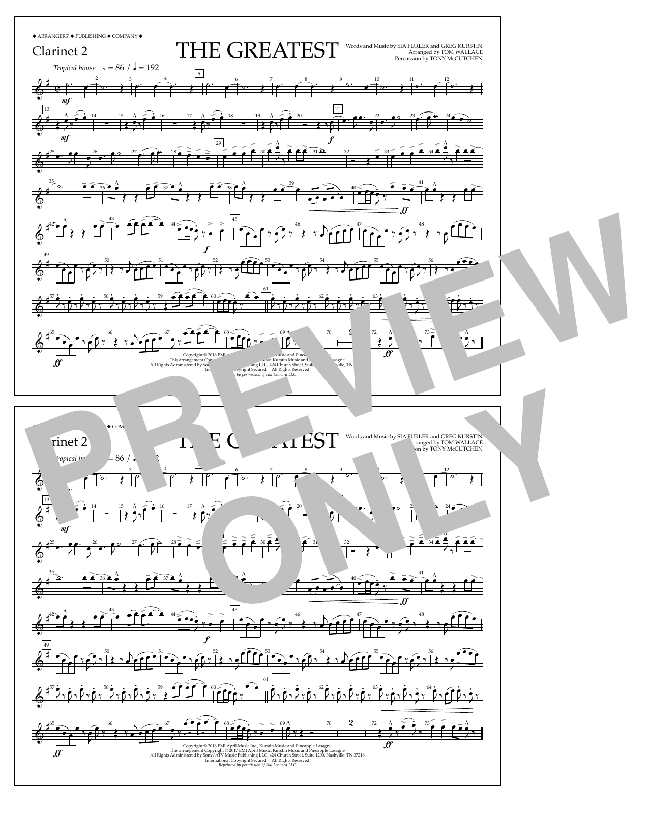 Download Tom Wallace The Greatest - Clarinet 2 Sheet Music
