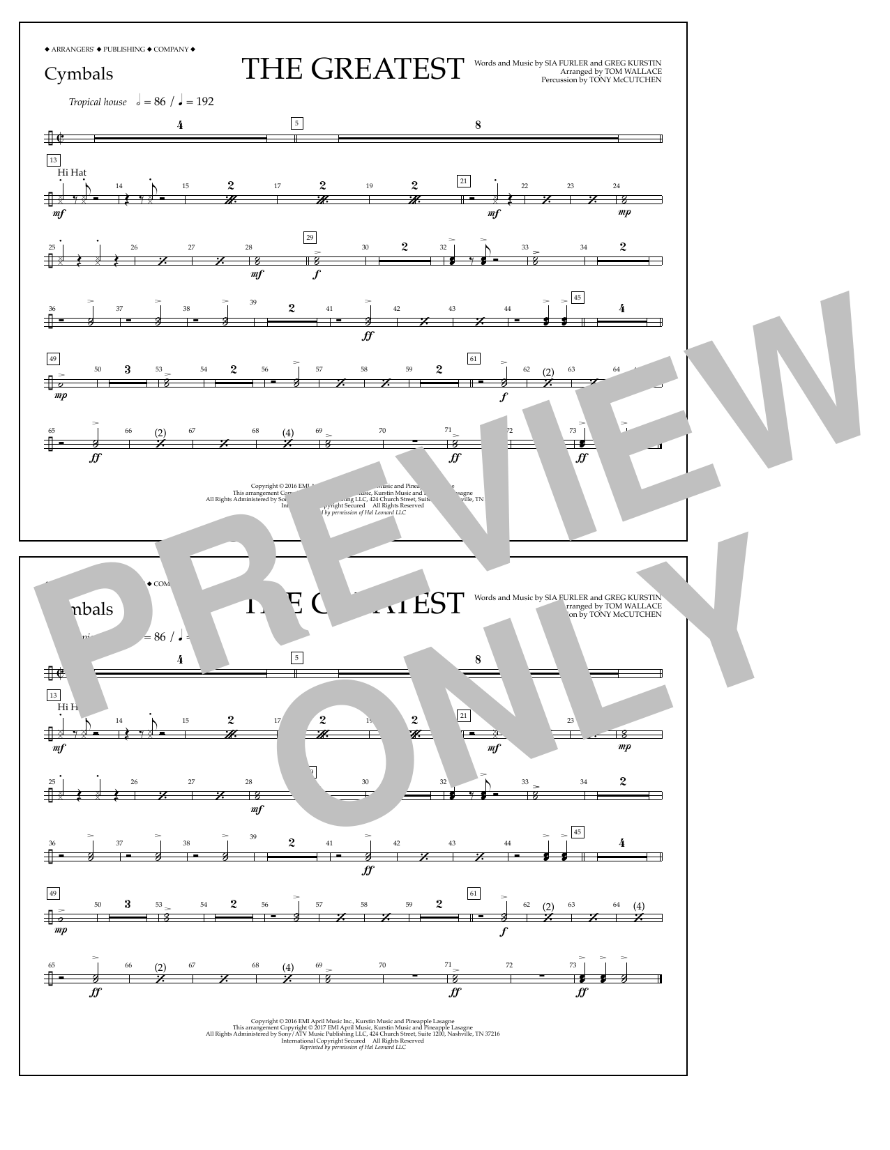 Download Tom Wallace The Greatest - Cymbals Sheet Music