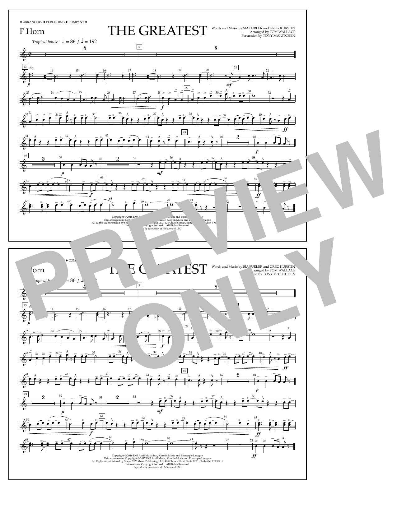 Download Tom Wallace The Greatest - F Horn Sheet Music