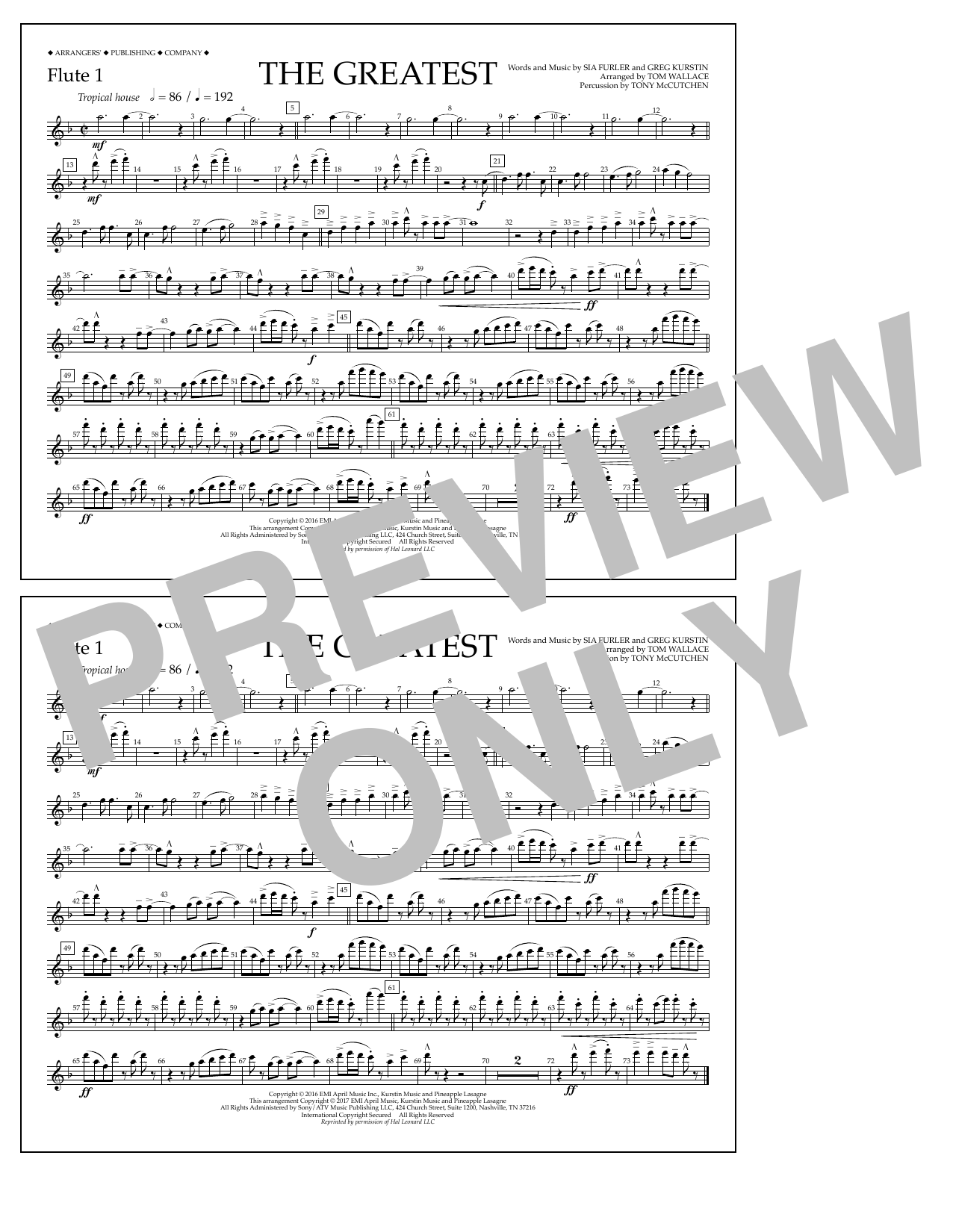 Download Tom Wallace The Greatest - Flute 1 Sheet Music
