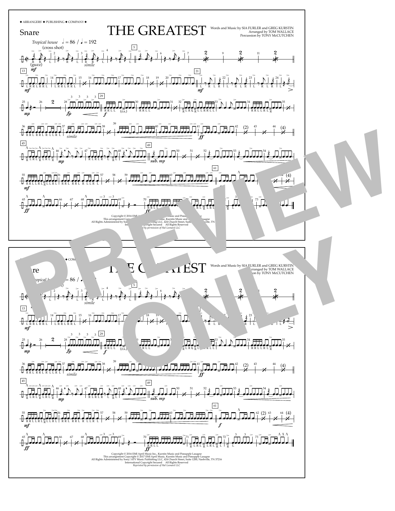 Download Tom Wallace The Greatest - Snare Sheet Music