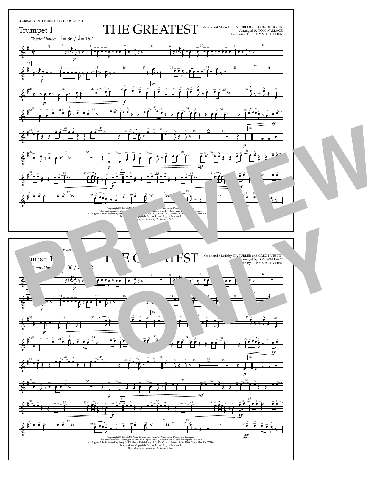 Download Tom Wallace The Greatest - Trumpet 1 Sheet Music